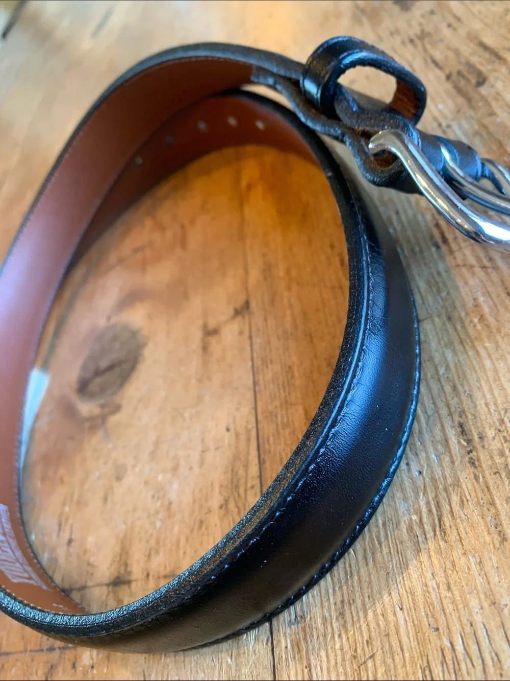 Men's Black Leather Belt with Polished Silver Buckle